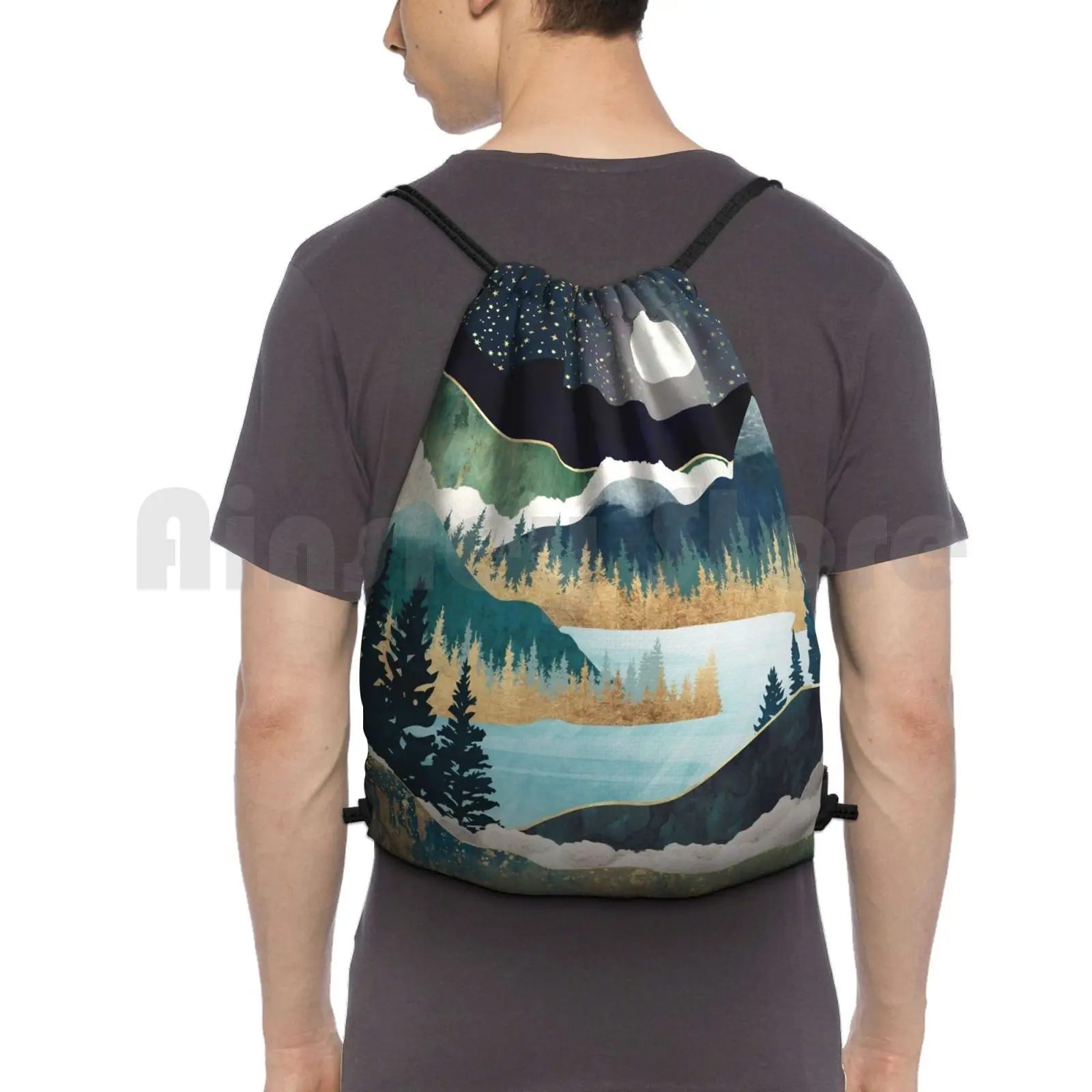 Star Lake Zaino Borsa Con Coulisse Equitazione Arrampicata Borsa Da Palestra Star S Lake Water Nature Landscape Mountain Forest Trees Blue Teal