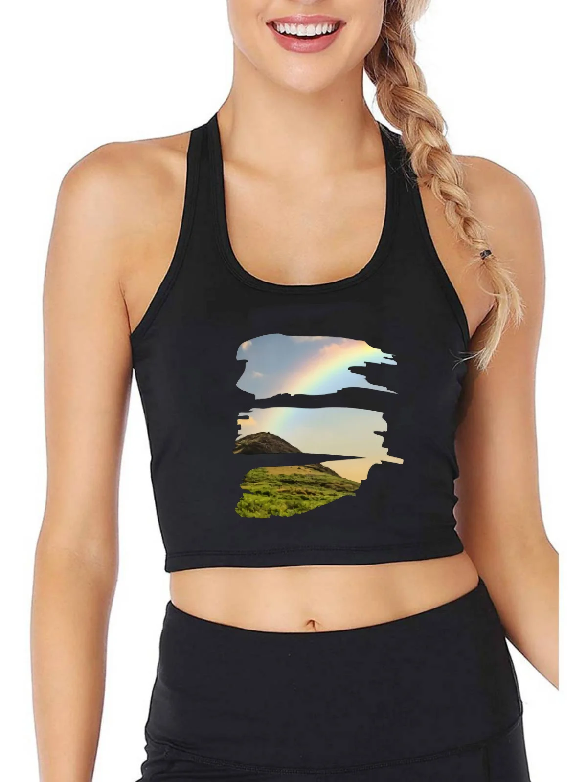 Rainbow Sky Design Breathable Slim Fit Tank Top Nature Lover Yoga Sport Crop Tops Gym Vest Summer Camisole