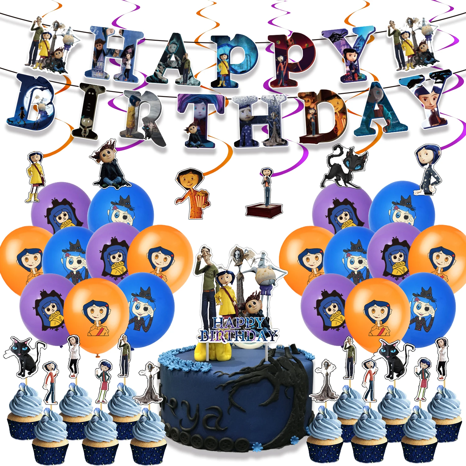 Film Coraline Theme Party Decoration Horror Series Birthday Set Banner Cake Topper Balloons Forniture Per Feste Di Halloween