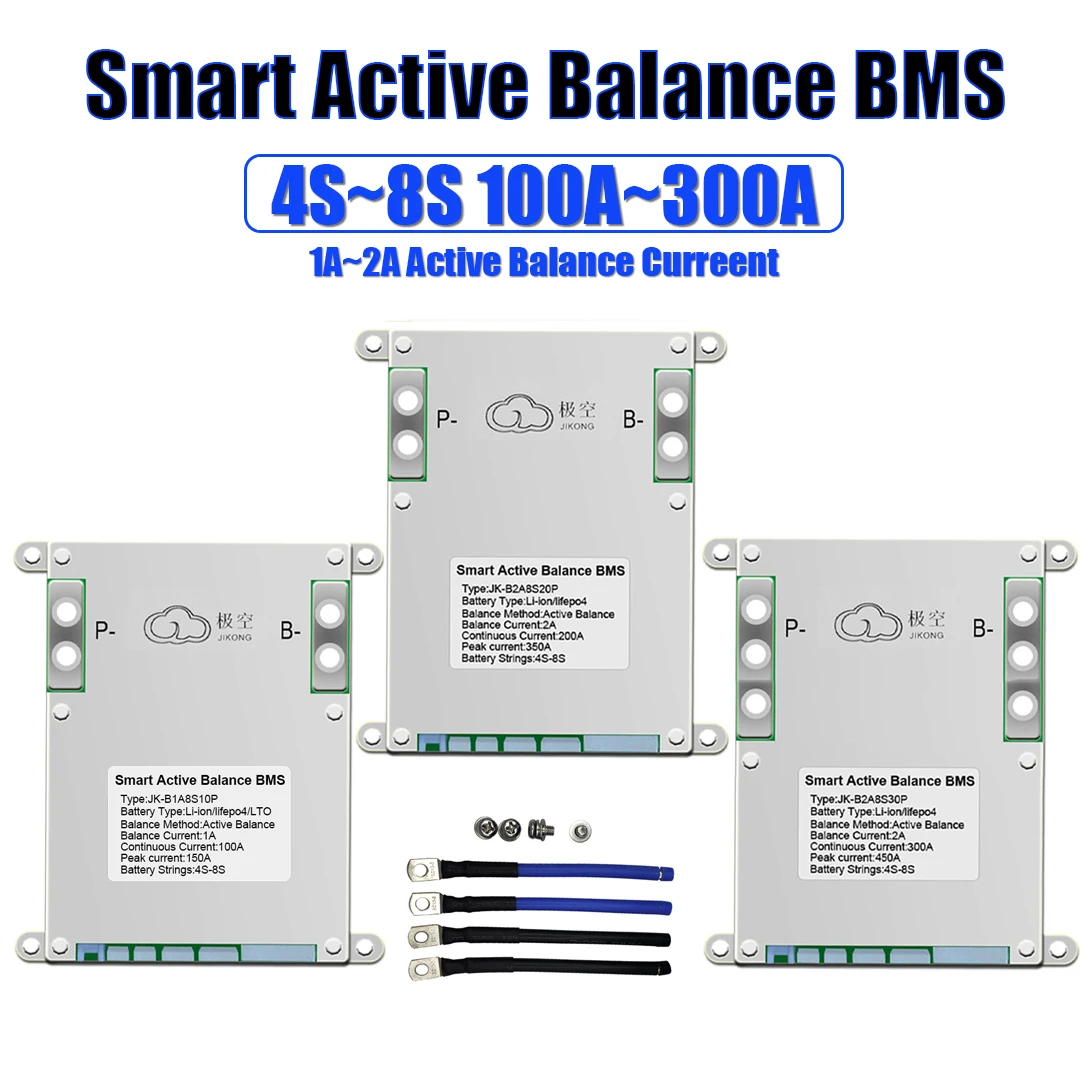 Jk Smart Bms 1A 2A Bilanciamento Attivo Per Batteria Lifepo4 4S 6S 7S 8S 100A 200A 300A 48V 60V Bt Li-Ion 18650 Batteria Da Campeggio Ebike