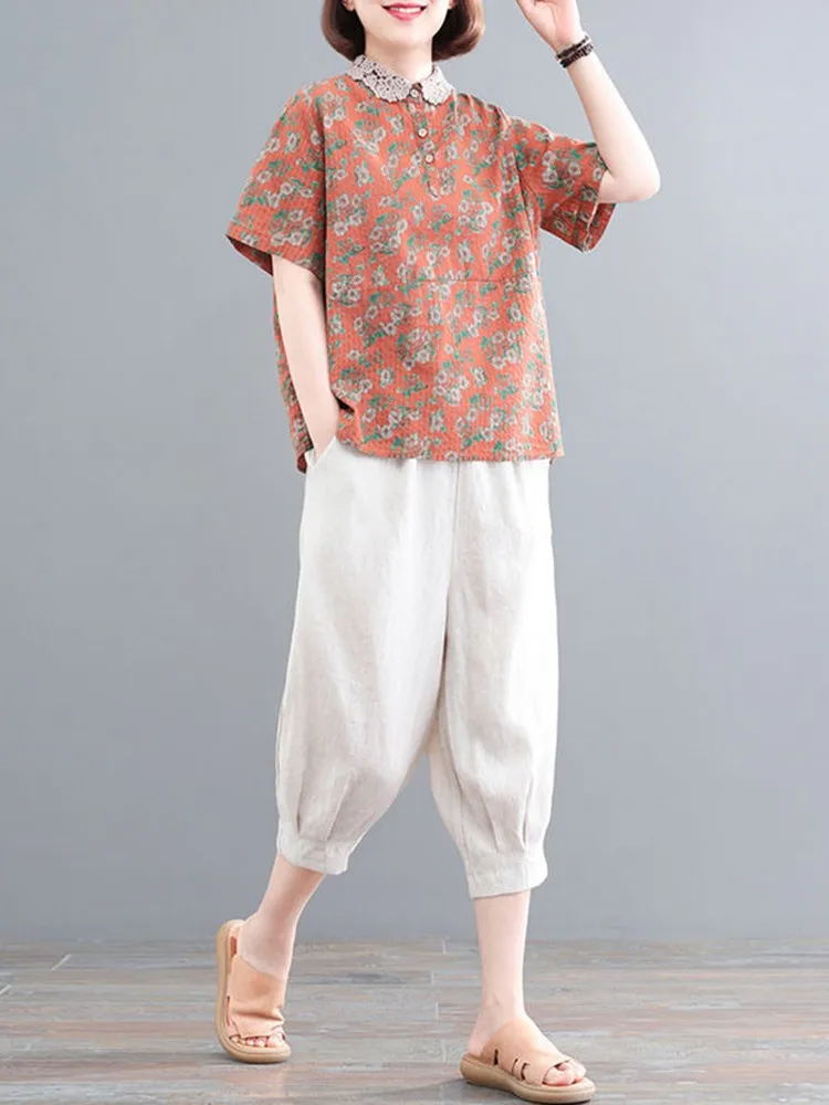 2 Piece Sets Women Summer Casual Pants Suits New 2022 Vintage Floral Print Female Cotton Linen Tops And Calf-Length Pants D317