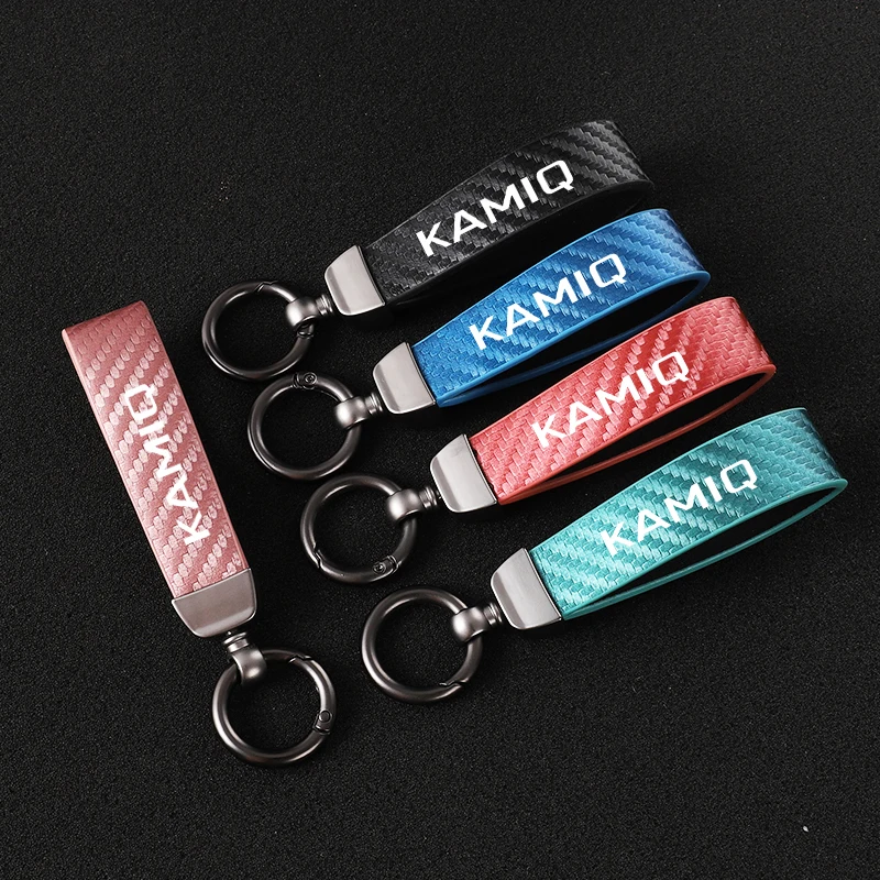 Car Carbon Fiber Leather Rope Keychain Key Ring For Skoda Kamiq Car Accessories