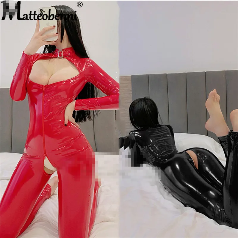 Sexy Hot Women Faux Leather Catsuit Pvc Latex Lingerie Tuta Zipper Con Apertura Sul Cavallo Tute Stretch Bodystocking Costume Erotico