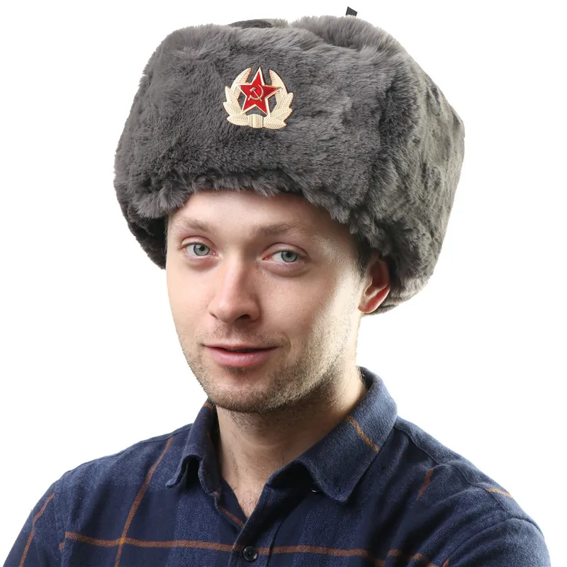 Distintivo Militare Dell'Esercito Sovietica Russia Ushanka Bomber Hats Pilot Trapper Trooper Hat Winter Faux Rabbit Fur Earflap Men Snow Caps
