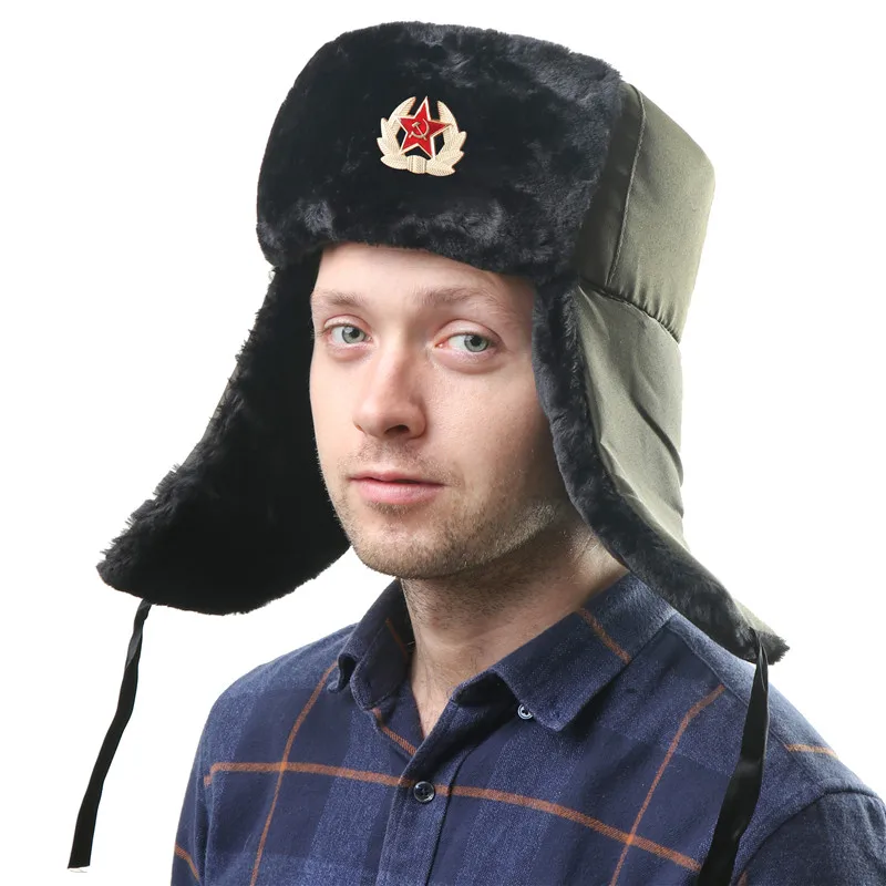 Distintivo Militare Dell'Esercito Sovietica Russia Ushanka Bomber Hats Pilot Trapper Trooper Hat Winter Faux Rabbit Fur Earflap Men Snow Caps