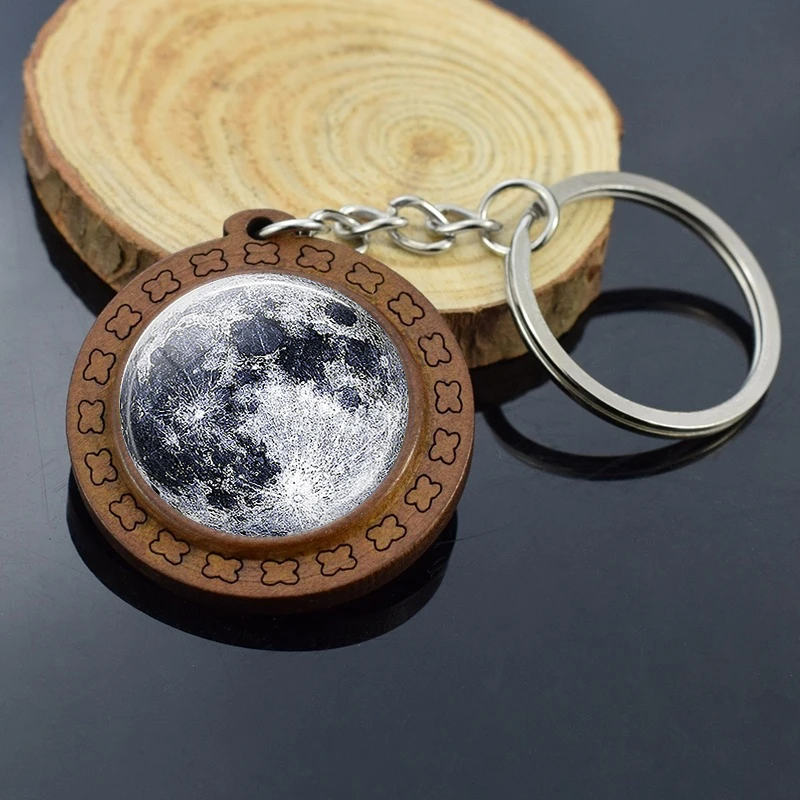 Luna Terra Sole Portachiavi In Legno Galaxy Pianeta Nebula Jupiter Di Legno Del Pendente Dei Monili Cabochon In Vetro Portachiavi Accessori Regalo