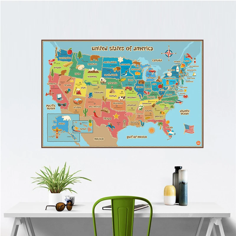 Animal & Plants Map Of American Wall Sticker Kindergarten Classroom Kids Room Decorazione Della Casa Usa Map Wall Murale Art Decalcomanie In Pvc