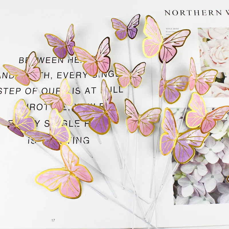 10Pcs Stamping Gold Pink Butterfly Cake Toppers Princess Girl Wedding Happy Birthday Party Decor Dessert Cake Decor Butterfly