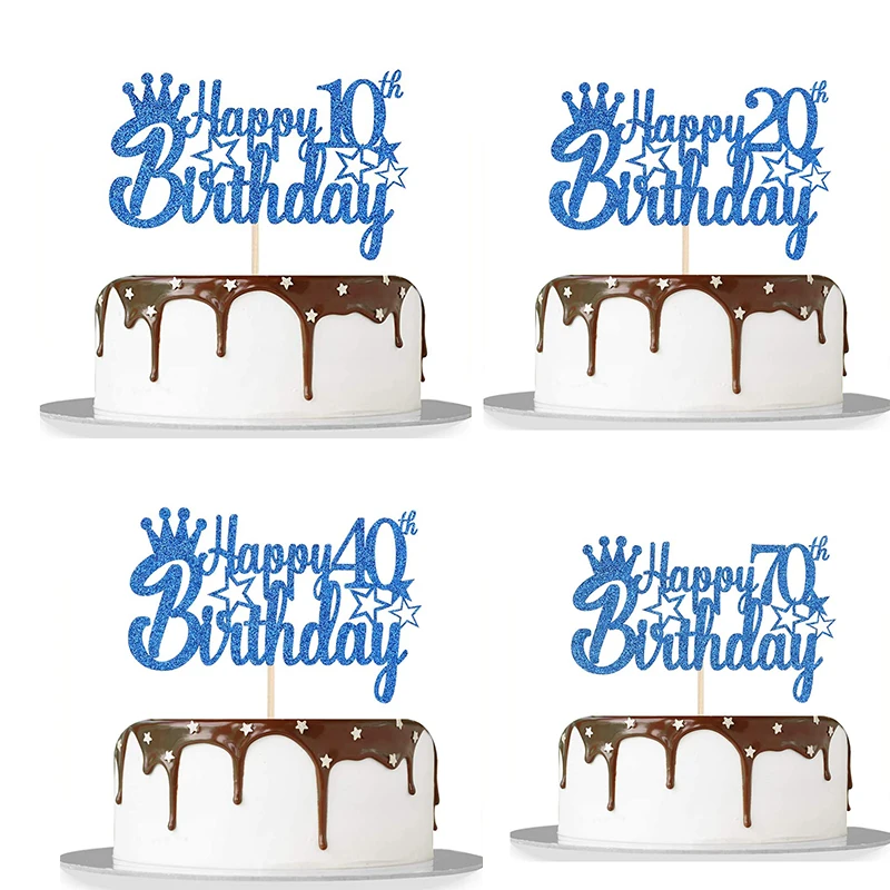 Royal Blue Glitter Paper Happy 10Th 15Th 18Th Birthday Cake Topper For Men Boy 20Th 40Th 70Th Birthday Party Cake Decorations
