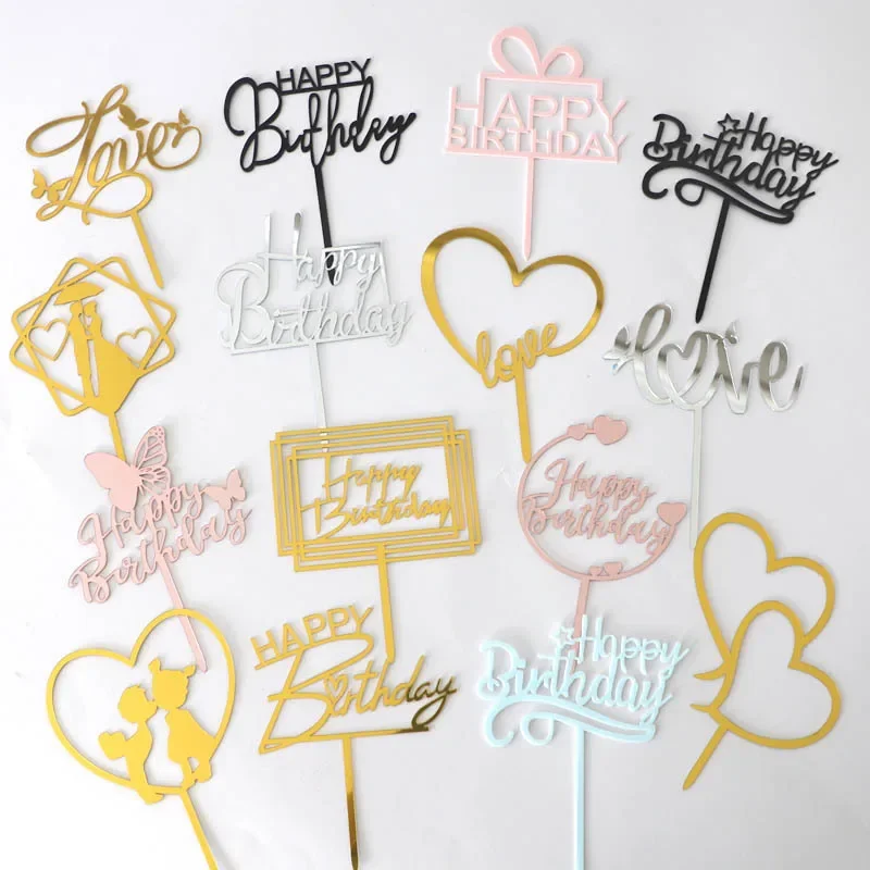 10 Pz/Lotto Oro Champagne Acrilico Happy Birthday Cake Toppers Per Decorazioni Per Torte Di Compleanno Segno D'Amore Per La Decorazione Dell'Anniversa