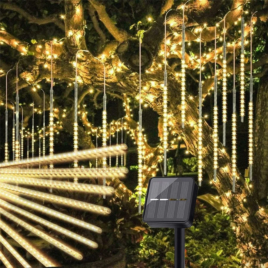 30/50Cm Solar Meteor Shower Rain Lights 8 Tube 192 Leds Blue Meteor Lights Led Fall Rain Fairy String Lights Per Albero Di Natale
