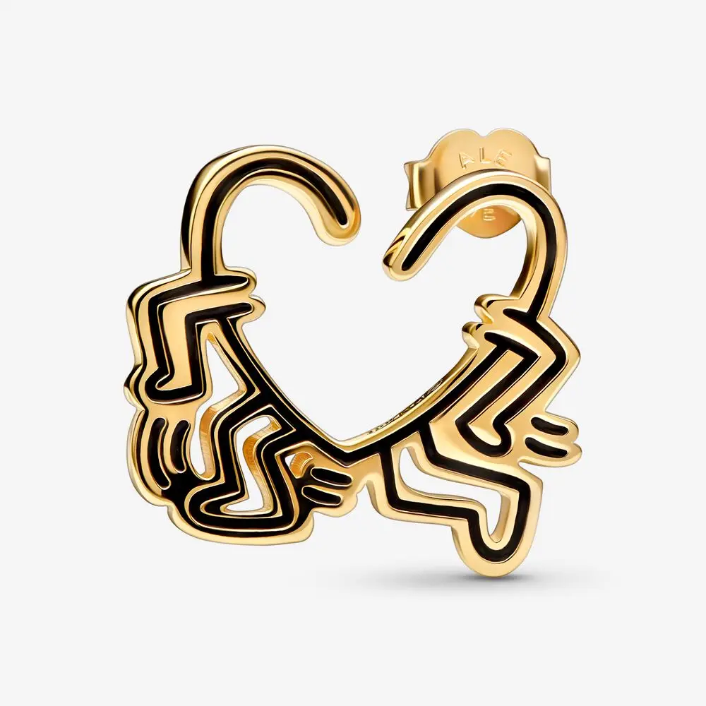 Pandora 14K Placcato Oro Robert Haring Running Heart Gold Single Stud Earring Niche Personality Fashion Jewelry