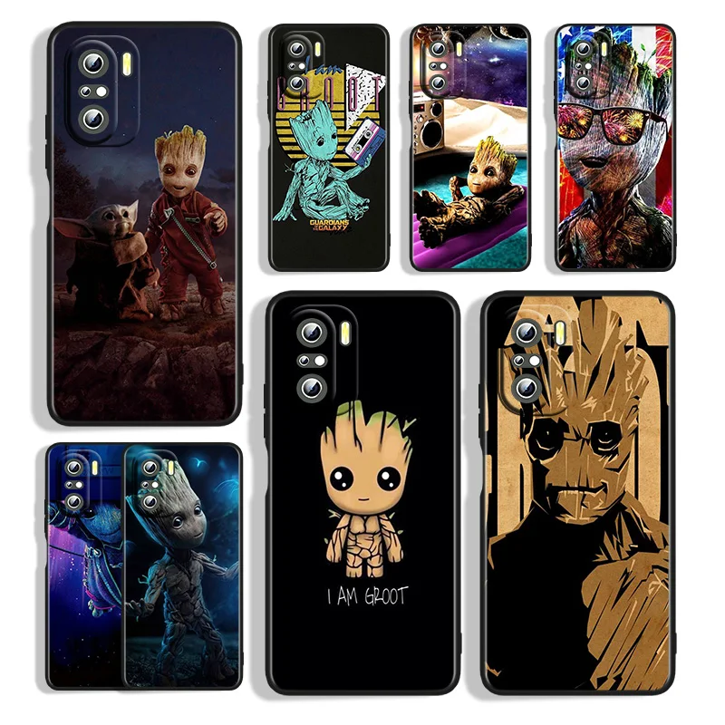 Marvel Groot Cute Phone Case For Xiaomi Redmi K50 K40S 10X 10C 9T 9C 9At 8A 8 7A Go S2 6A 5A Y2 Y3 Pro Black Cover