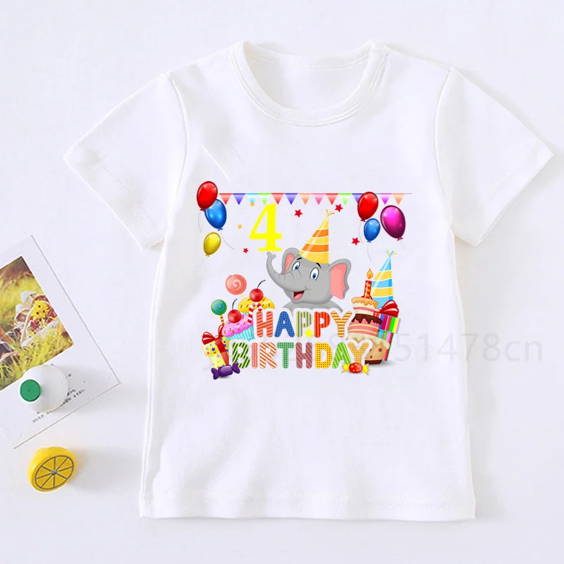 Bambini Happy Birthday Elephant Number 1-10 Print T Shirt Animal Children Birthday Party Boy T-Shirt Boy & Girl Funny Gift Tshirt