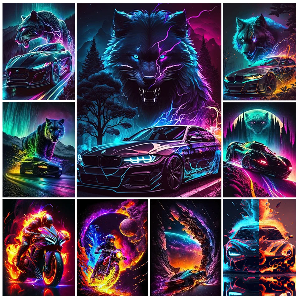 Neon Speed Diamond Mosaic Cars And Wolf Panthers 5D Diy Full Drill Animal Cross Stitch Kit Regalo Fatto A Mano 2023 New Home Decor