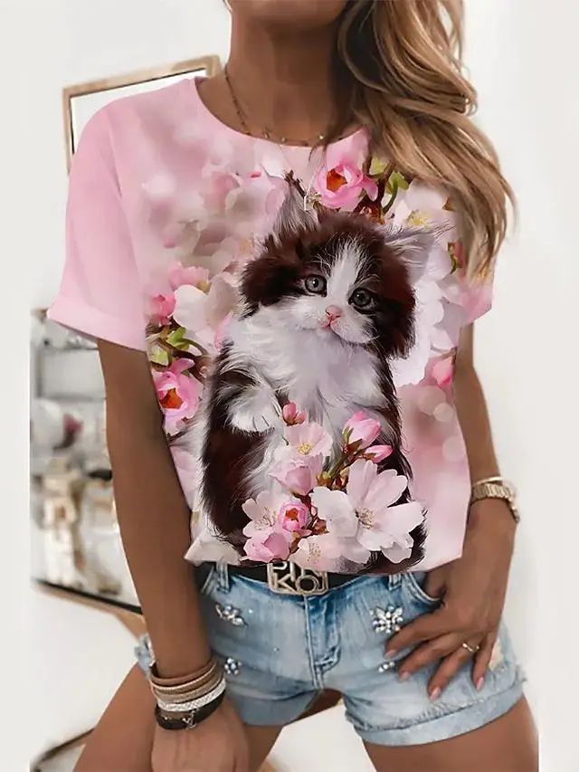 6 Summer Hot Fashion Harajuku Cute 3D Cat Print T-Shirt Donna 3D Cat Print Girocollo Basic Top Plus Size