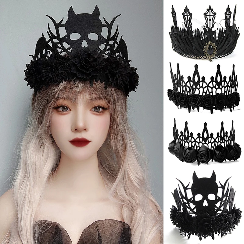 Halloween Queen Copricapo Gothic Princess Crown Medievale Red Rose Flower Royal Hairwear Gioielli Donna Cosplay Fascia Tiara