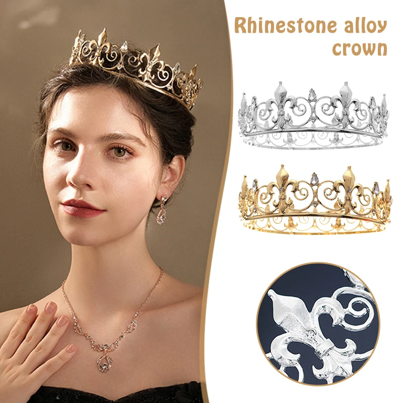 Vintage Royal Full Round Crown Baroque Alloy Strass Diademi Damigella D'Onore Re Donna Uomo Vintage Royal Full Round Na Die Krone.