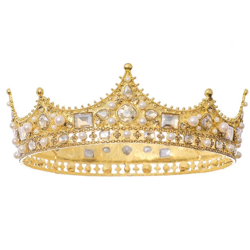 King Crown For Men Crown Royal Costume Accessorio Prom Tiara Barocco Vintage Crystal Pearl Bridal Wedding Diademi (Oro)