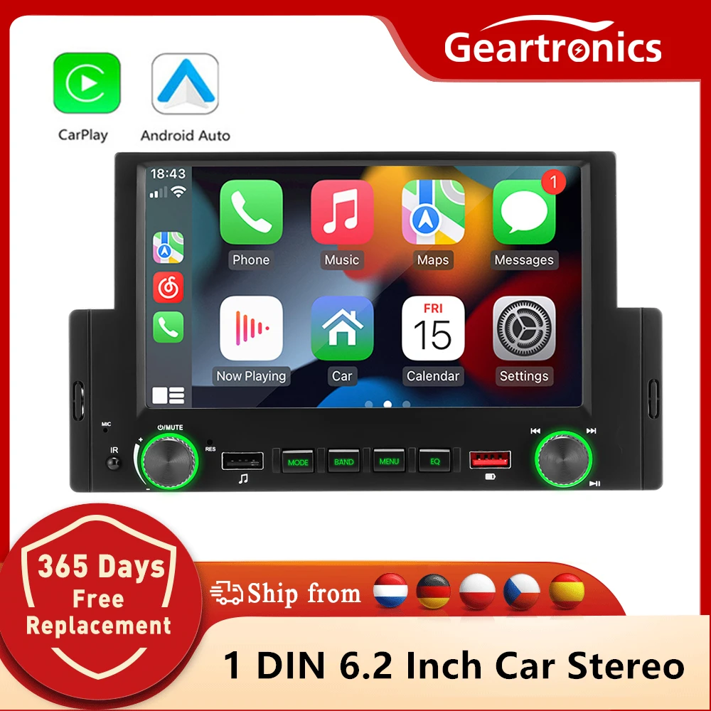 1 Din Autoradio Carplay Android Auto Car Stereo 6.2 Pollici Bluetooth Mp3 Mp5 Lettore Multimediale Ricevitore Radio Fm