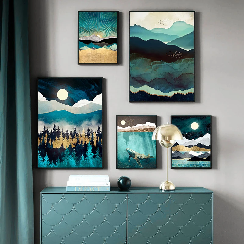 Nordic Abstract Art Landscape Poster Canvas Modern Mountain Sunrise Dolphin Painting 3D Print Wall Art Picture Living Room Decor