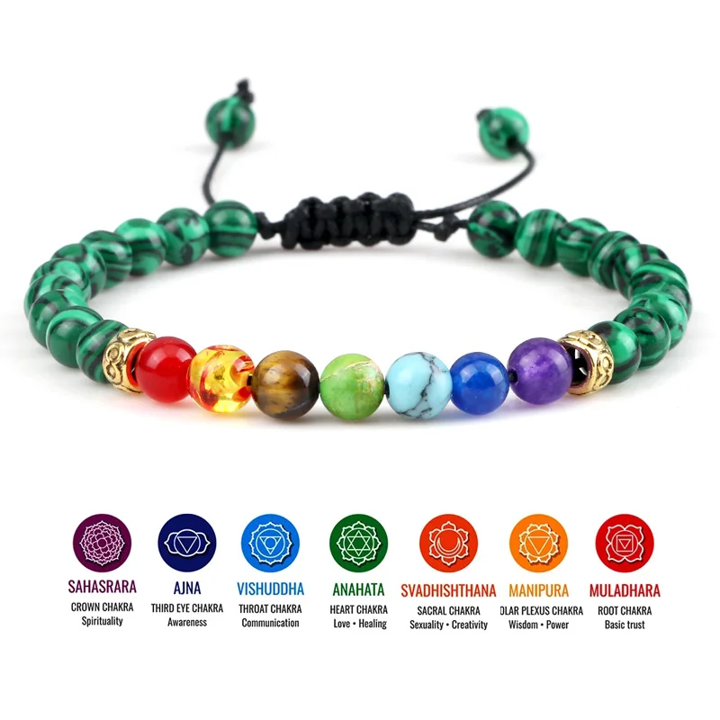 7 Chakra Beaded Charm Bracciale Per Donna Uomo 6Mm Pietra Naturale Agate Malachite Reiki Healing Beads Bracciale Coppia Gioielli Yoga