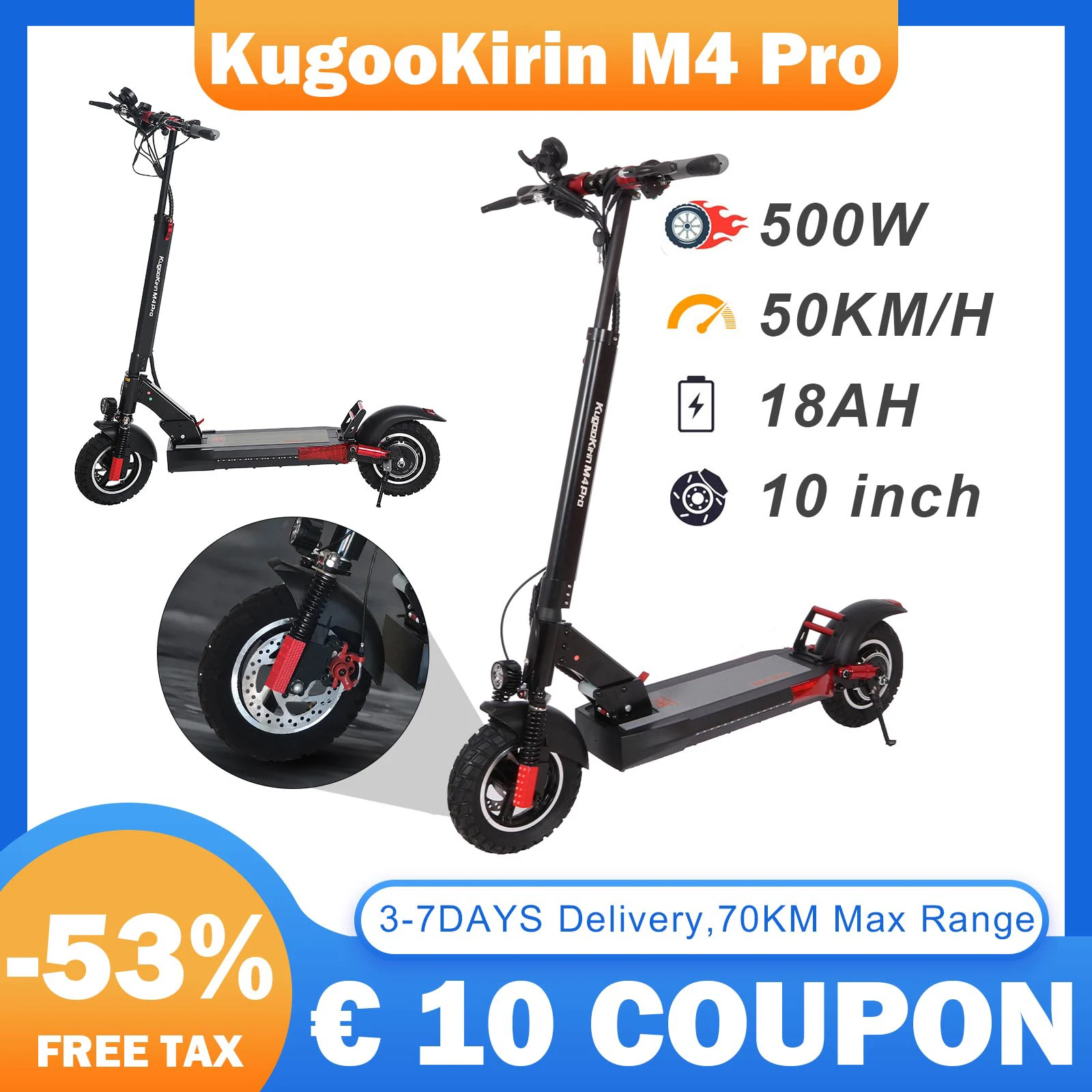Kugookirin M4Pro 500W Scooter Elettrico E-Scooter 10*4.0 Pollici Pneumatico 50 Km/H 18Ah Batteria Grande 70Km Chilometraggio Scooter Portatile