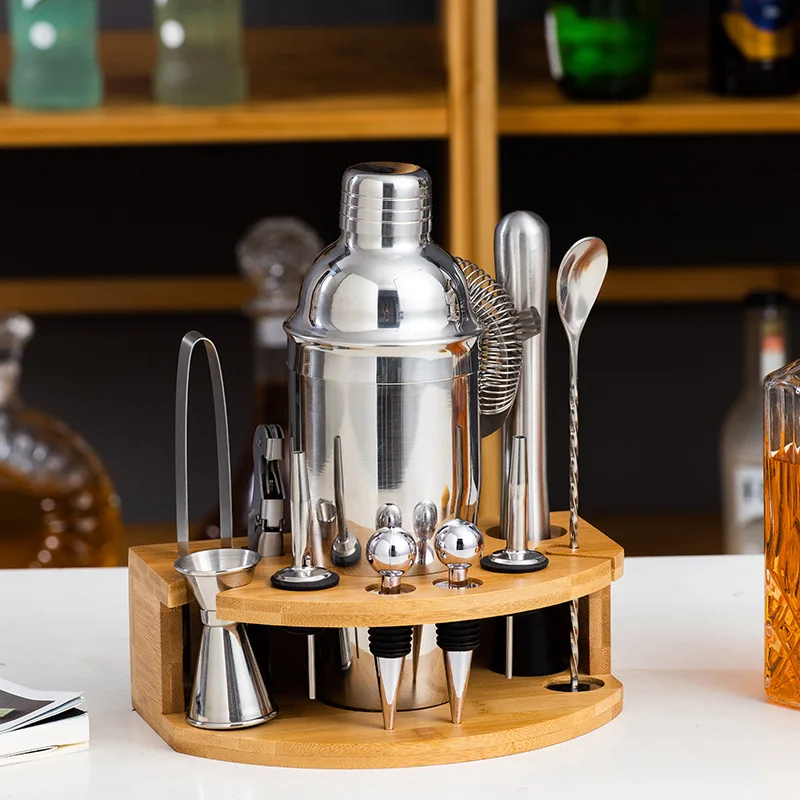 12 Pezzi 750Ml Cocktail Shaker Making Set Barman Kit Con Supporto In Bambù Mixer Per Bevande Fai Da Te Bar In Acciaio Inossidabile Accessori Per Attre