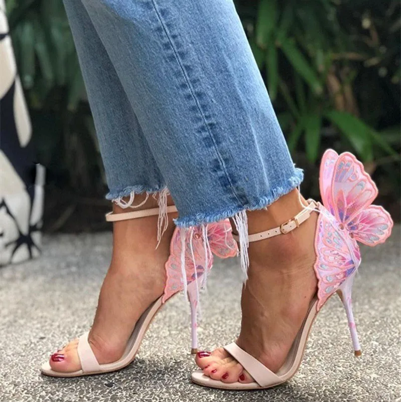 Sweet Pink Embroidery Butterfly Angel Wing Sandals Luxury Wedding Pumps Women Thin Heels Ankle Wrap Thin Heels Shoes