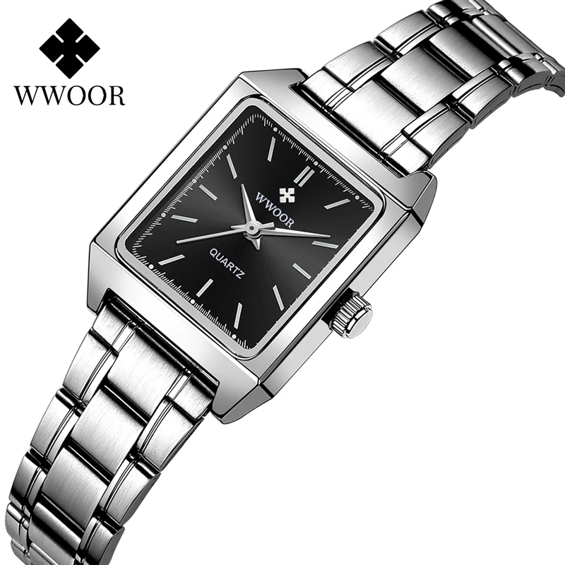 Wwoor New Watch Women Quartz Full Steel Ladies Bracciale Orologi Da Polso Fashion Elegant Female Silver Square Clock Relogio Feminino