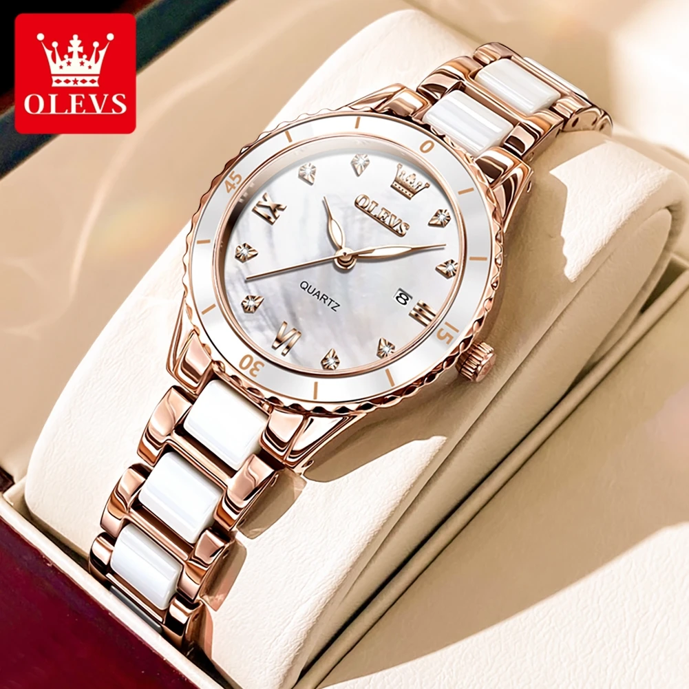 Olevs Brand Luxury Ceramics Orologio Al Quarzo Per Donna Impermeabile Lancette Luminose Calendario Fashion Diamond Watches Relogio Feminino