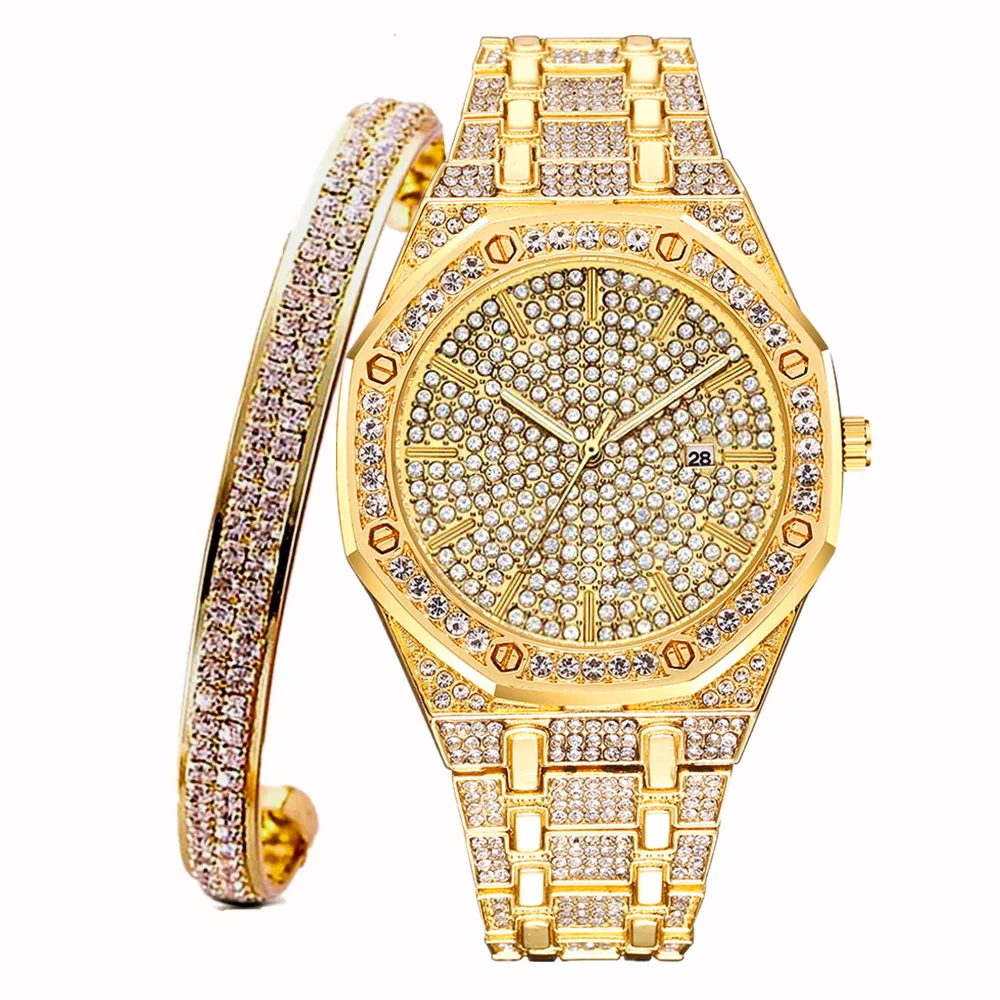 2 Pezzi Iced Out Watch For Women Simple Charm Bracciale Fashion Luxury Sliver Gold Watch Diamond Jewelry Women Set Gifts Reloj Mujer