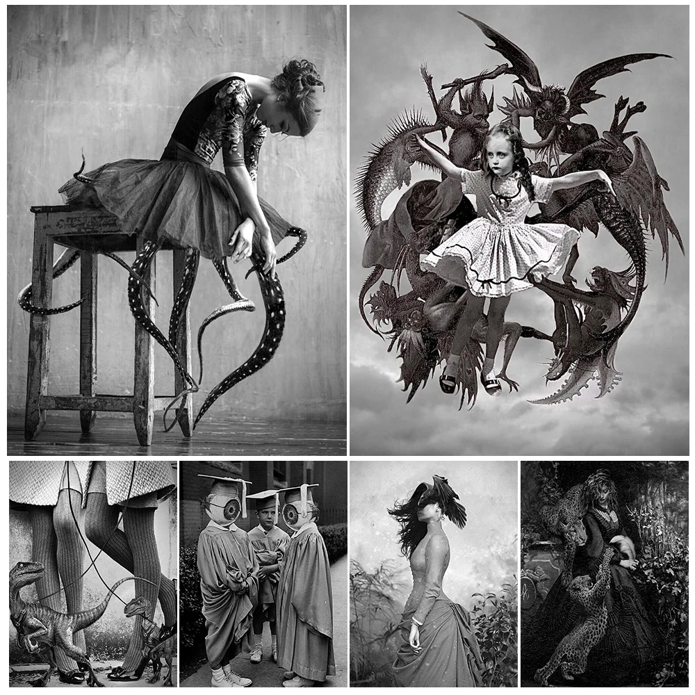 Ballerina, Pet Tyrannosaurus Rex, Donna Con Corna, Vintage Photo Wall Art Canvas Print Fantasy Photography Art Poster Print