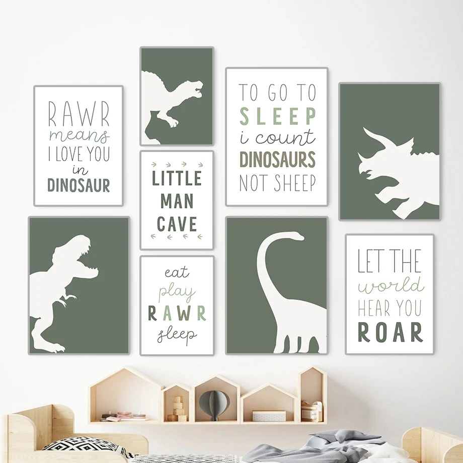 Triceratops Tyrannosaurus Wall Art Canvas Poster, Little Man Cave Prints, Dinosaur Footprint, Boy Room Decor, Baby Shower Gift