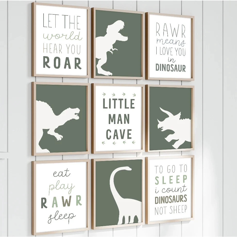 Triceratops Tyrannosaurus Little Man Cave Wall Art Canvas Poster Stampe Dinosauri Footprint Boy Room Decor Baby Shower Gift