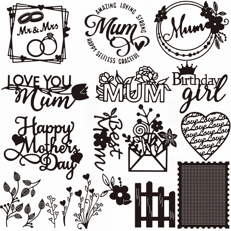Happy Mother'S Day Collection Metal Cutting Dies Set Mum Mr & Mrs Love Heart San Valentino Birthday Die Cut Fai Da Te Card Making Craft