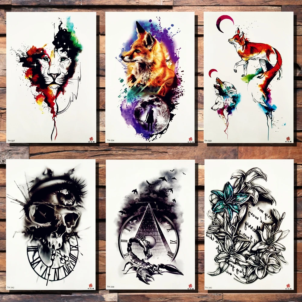 Fanrui Lion Fox Skull Autoadesivo Del Tatuaggio Temporaneo Colorful Moon Clock Tower Tatuaggi Impermeabili Body Art Arm Men Fake Tatoo Scorpion