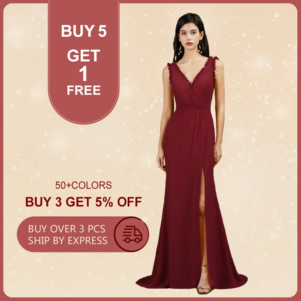 Miss Show Elegant Chiffon Long Formal Bridesmaid Dresses With Pockets Ruffle Side Split Mermaid Wedding Prom Party Gowns Women