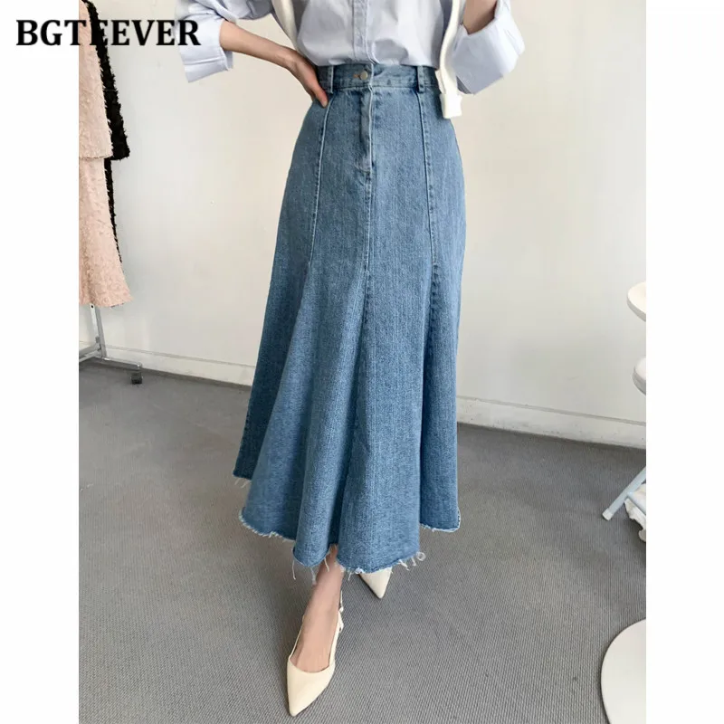 Bgteever Summer Vintage Single Button Ladies Mermaid Denim Gonne Moda Vita Alta Allentata A-Line Jeans Gonne Donna