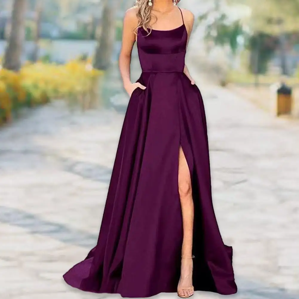 Elegante Sling Senza Maniche Formale Prom Maxi Dress Side Split Coscia Hem Tasche Abito Da Sera Abito Da Sera Royal Blue Velvet Evening