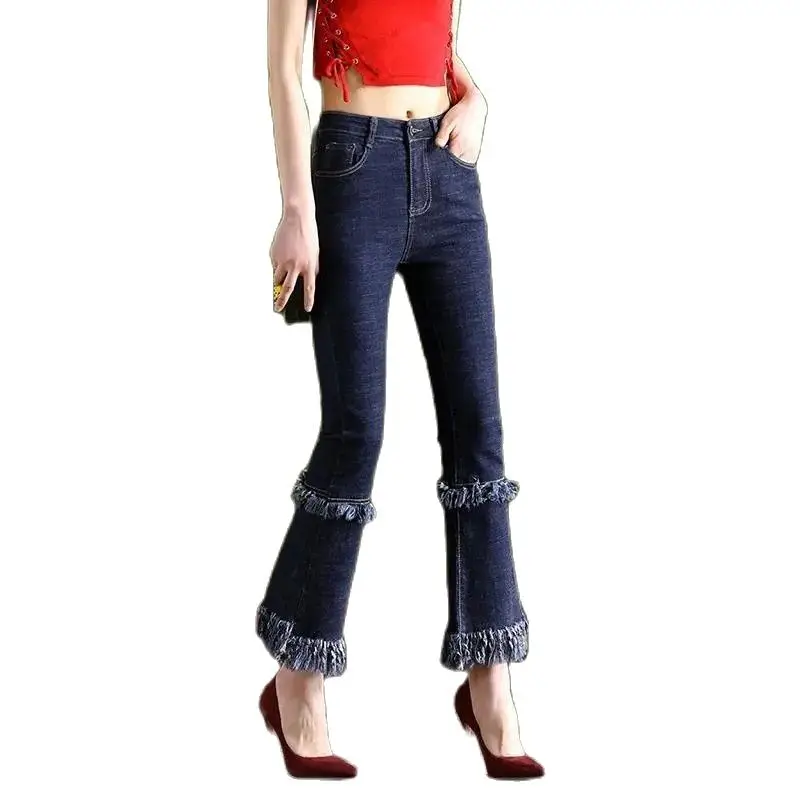 Trumpet Pant Female Spring Autumn New Denim Pants Korean Version Burrs Student Cropped Pants High Waist Show Thin Cowgirl