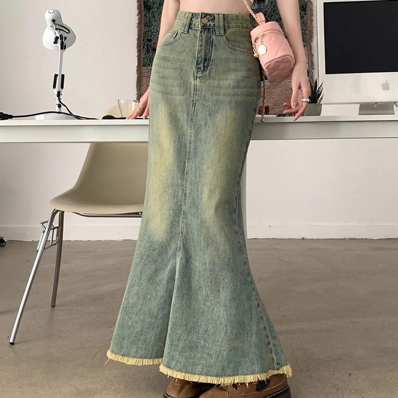 New Vintage Raw Hem Denim Gonna Donna Fashion Design Vita Alta Slim Wrapped Gonne Lunghe A Tromba Femminile