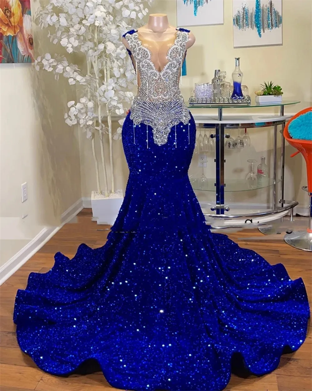 Abiti Da Sera Blu Reale Dubai Velvet Mermaid Long Prom Gowns Black Girls Beaded Crysatl Robe De Soirée Femmes