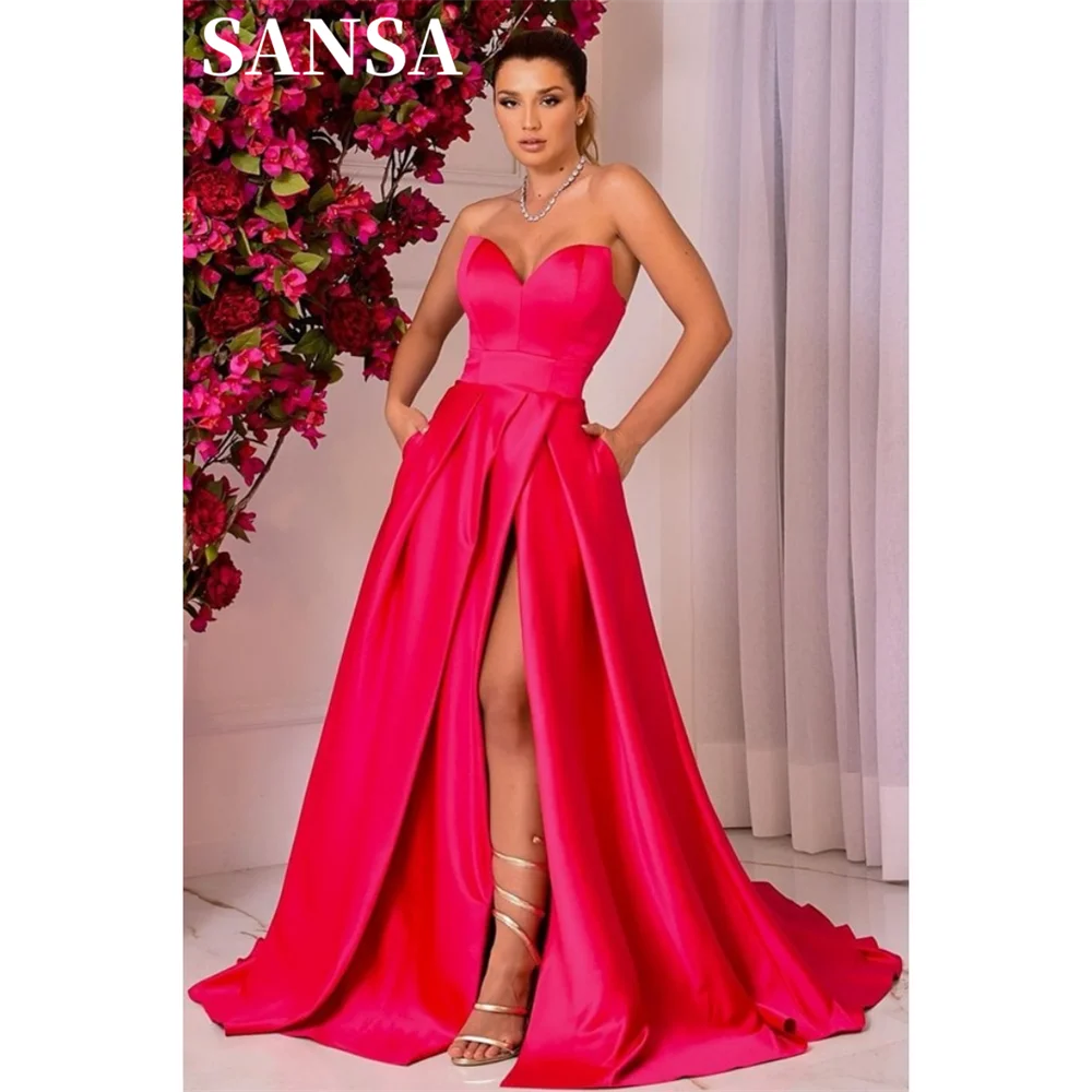 Sansa Simple Fucsia A-Line Prom Dress Con Tasca Sweetheart Side Split Vestidos De Noche Satin Muslimags Raffaunti-C.