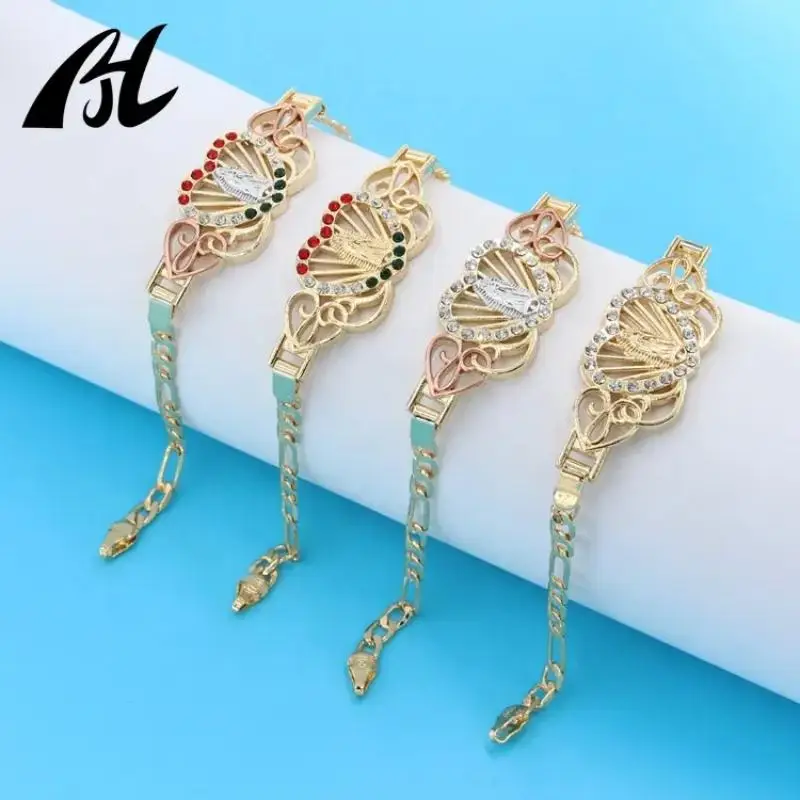 Pulsera Virgen De Guadalupe 18K Oro Laminado Italino 14K Placcato Oro Farfalla Virgencita Bracciale Tricolore Escava Per Donna
