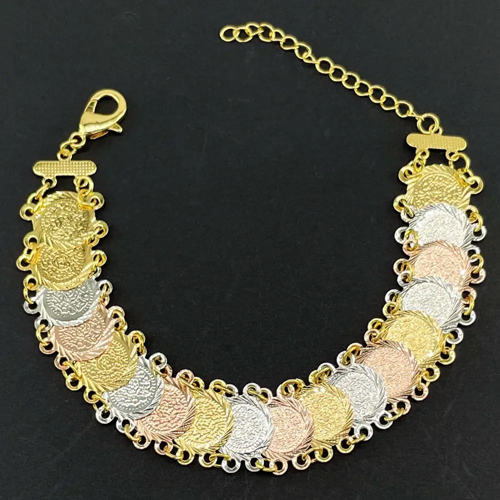 Luck Fashion Arabian Dubai Gold Coin 18K Placcato Oro Tricolore Colorato Gemma Braccialetto Gioielli Da Donna Regolabile Regalo Party