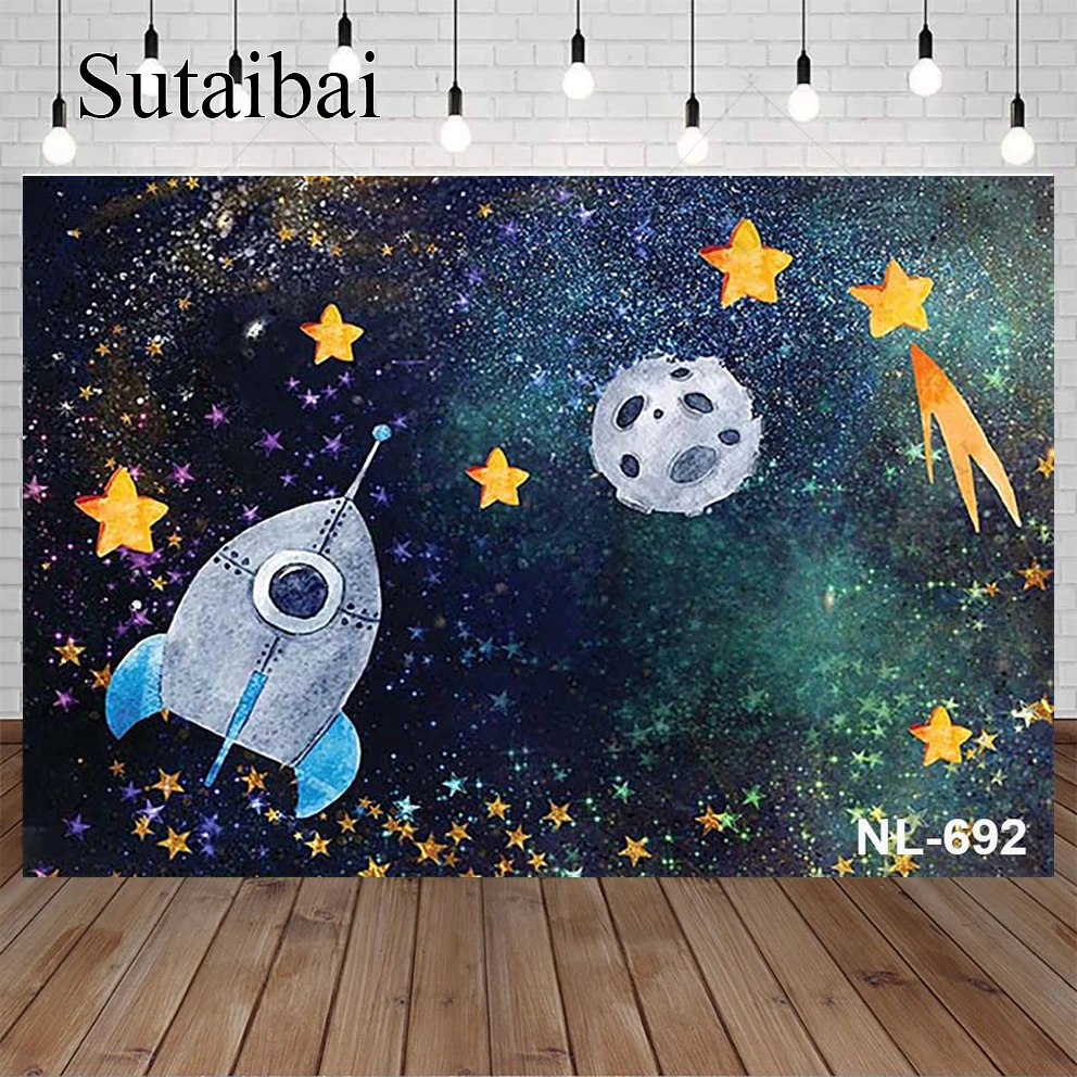 Tema Dello Spazio Esterno Sfondo Glitter Spots Shine Stars Rocket Decorare Baby Room Child Portrait Studio Fotografico Booth Puntelli