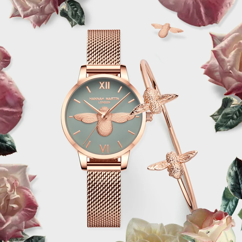 Hannah Martin 2023 New Women Luxury Watch Rose Gold 31Mm Classic Casual Girl Dress Watch Bracciale Set 3D Inciso Bee Dial Clock