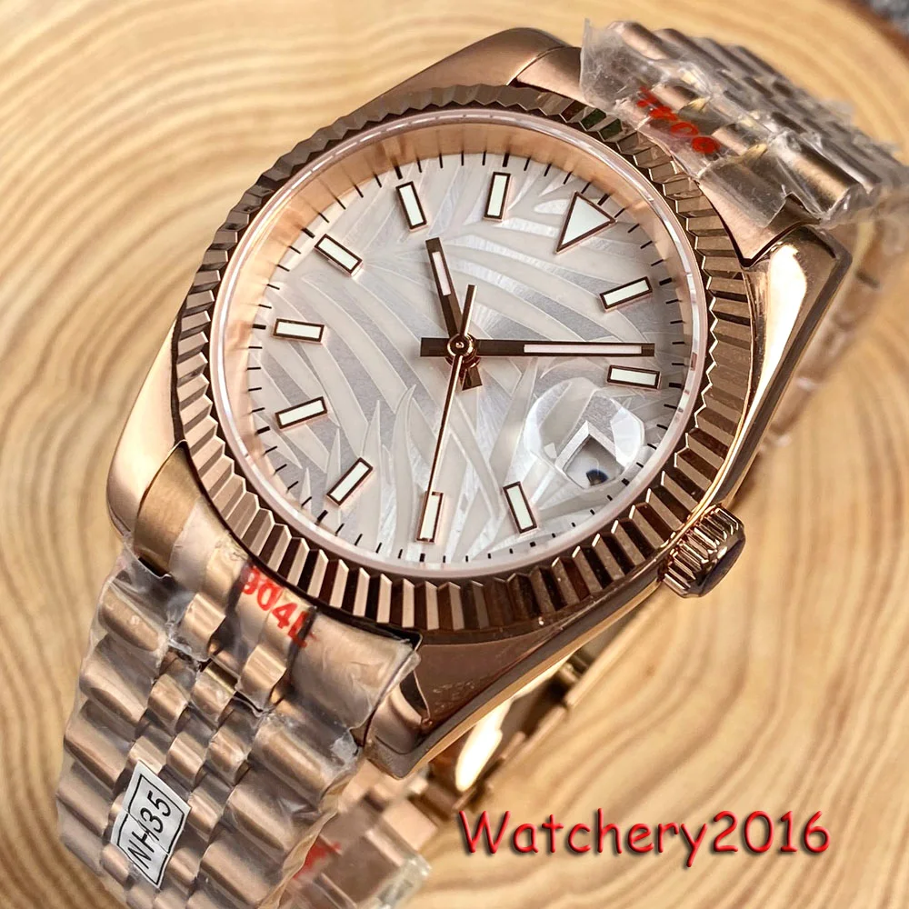 Bliger 36Mm 39Mm Giappone Nh35A Palm White Yellow Dial Orologio Automatico Autoavvolgente Per Uomo Corona A Vite Luminosa In Oro Rosa