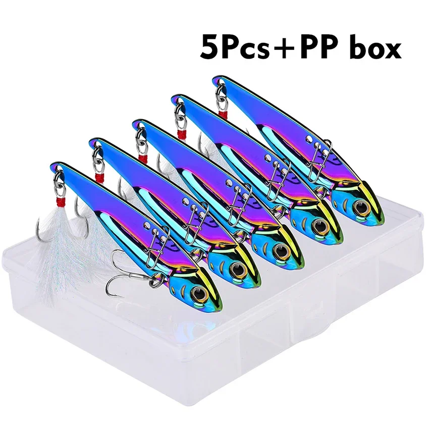 5Pcs Vib Hard Bait Metal Blade Fishing Lure 7G 10G 15G 25G Vibration Bait Sinking Vib Spoon Lure Fishing Box Kit